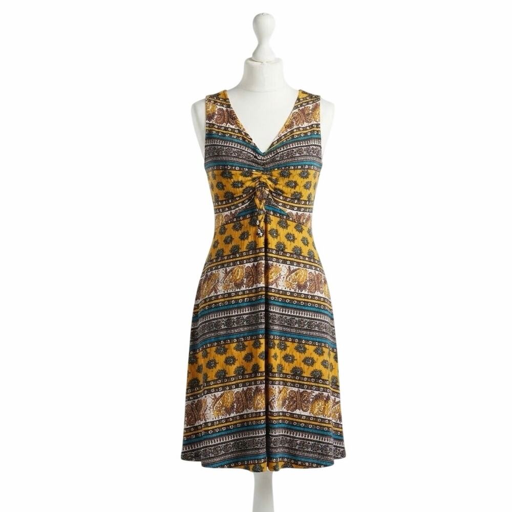 Lily Star Boho Yellow Paisley Print V-Neck Ruched Drawstring Midi Dress Sz S